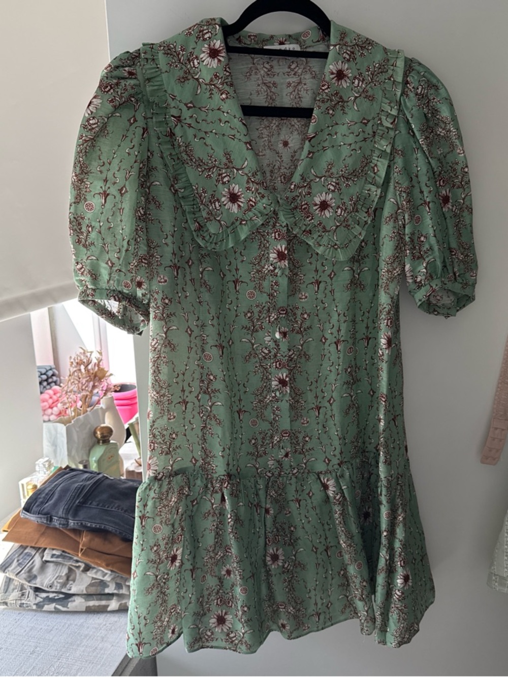 Sandro Sage Green Floral Puff-Sleeve Mini Dress